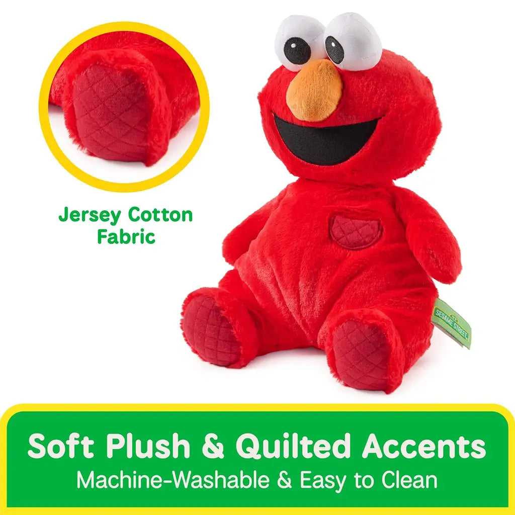 GUND Sesame Street Elmo plush crafted from red jersey cotton with quilted accents and floppy limbs, slightly under-stuffed for softness, designed to be machine washable and easy to clean for everyday play and cuddling.