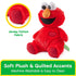 GUND Sesame Street Elmo plush crafted from red jersey cotton with quilted accents and floppy limbs, slightly under-stuffed for softness, designed to be machine washable and easy to clean for everyday play and cuddling.