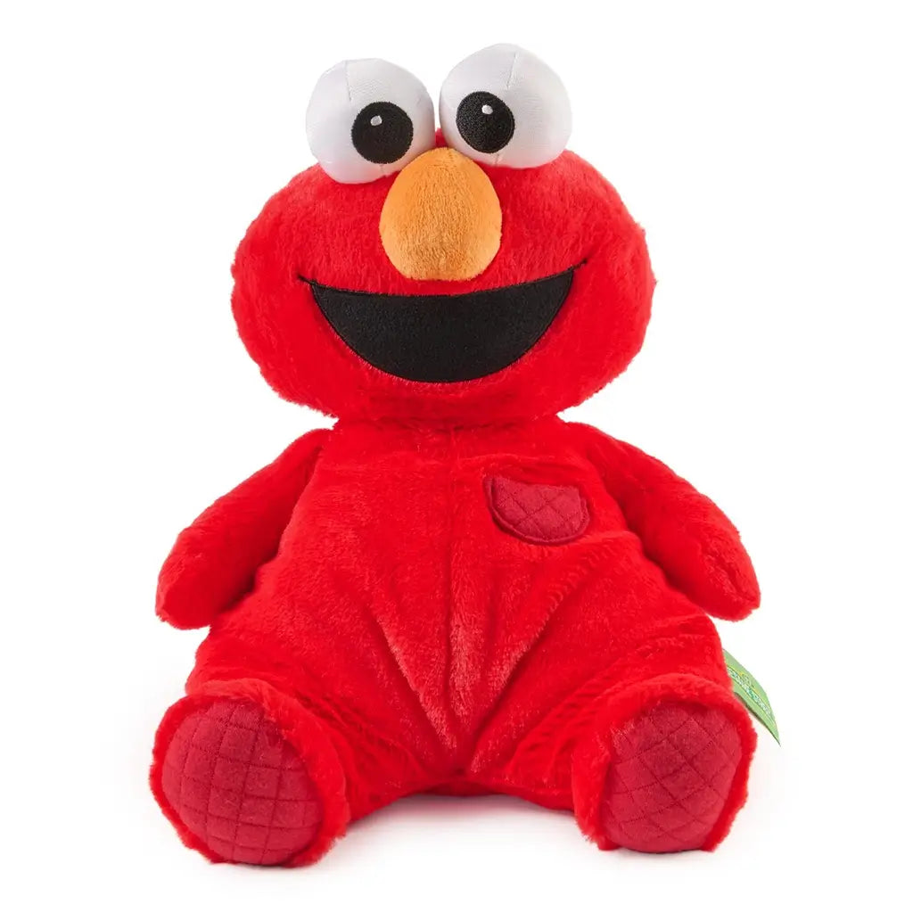GUND Sesame Street Elmo plush in vibrant red soft jersey fabric with quilted foot pads, rounded seated shape, and friendly embroidered face, created for hugging and comfort, photographed upright against a clean white studio background.