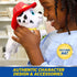 Paw Patrol Marshall plush toy in white and black spotted soft fabric with red firefighter hat and collar, rounded Dalmatian dog form designed for imaginative play held by child indoors