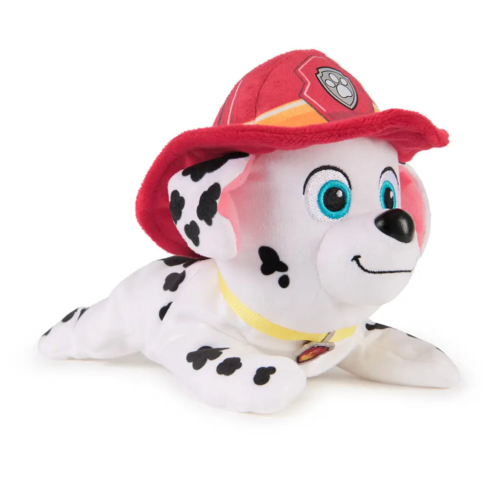 GUND Paw Patrol Marshall plush toy in white, black, and red soft fabric with firefighter hat and collar, small rounded Dalmatian dog form displayed on a clean white background