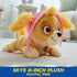 Paw Patrol Skye plush toy in tan and pink soft fabric with floppy ears and aviator hat, small rounded dog shape posed lying forward on carpet in bright indoor living room setting