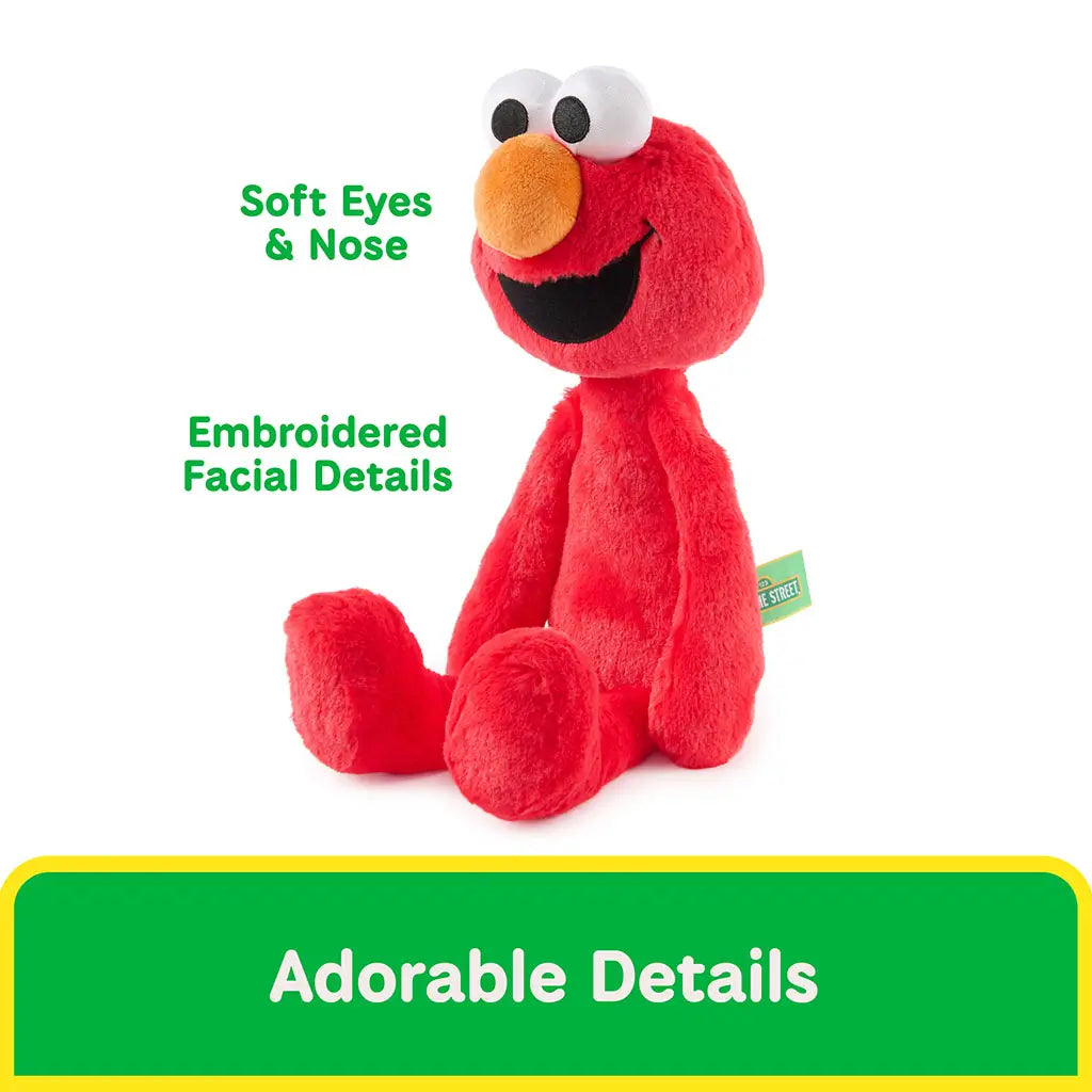Elmo plush toy highlights red plush fabric, rounded seated form, soft eyes and nose, and embroidered facial features, designed for safe cuddling and imaginative play on a clean white background.