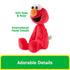 Elmo plush toy highlights red plush fabric, rounded seated form, soft eyes and nose, and embroidered facial features, designed for safe cuddling and imaginative play on a clean white background.