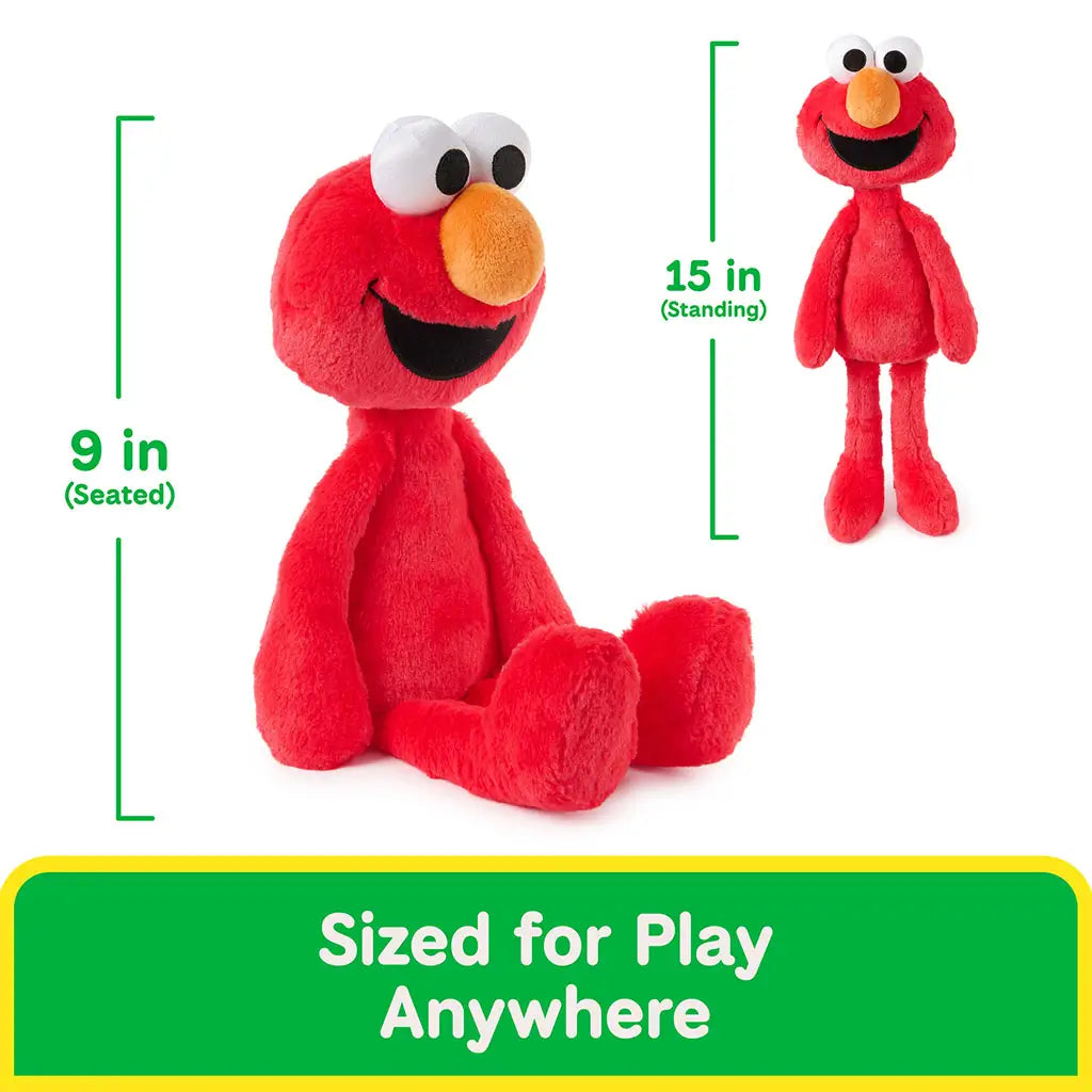 Elmo plush toy shows red fuzzy fabric and long slender limbs, pictured seated and standing to demonstrate 9-inch seated and 15-inch standing size for easy carrying and play anywhere.