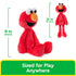 Elmo plush toy shows red fuzzy fabric and long slender limbs, pictured seated and standing to demonstrate 9-inch seated and 15-inch standing size for easy carrying and play anywhere.
