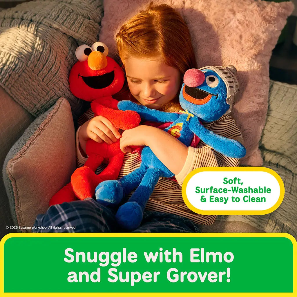 Elmo and Super Grover plush toys feature soft red and blue fabrics with floppy limbs and stitched details, promoting easy surface washing and gentle cleaning for everyday child-friendly use.