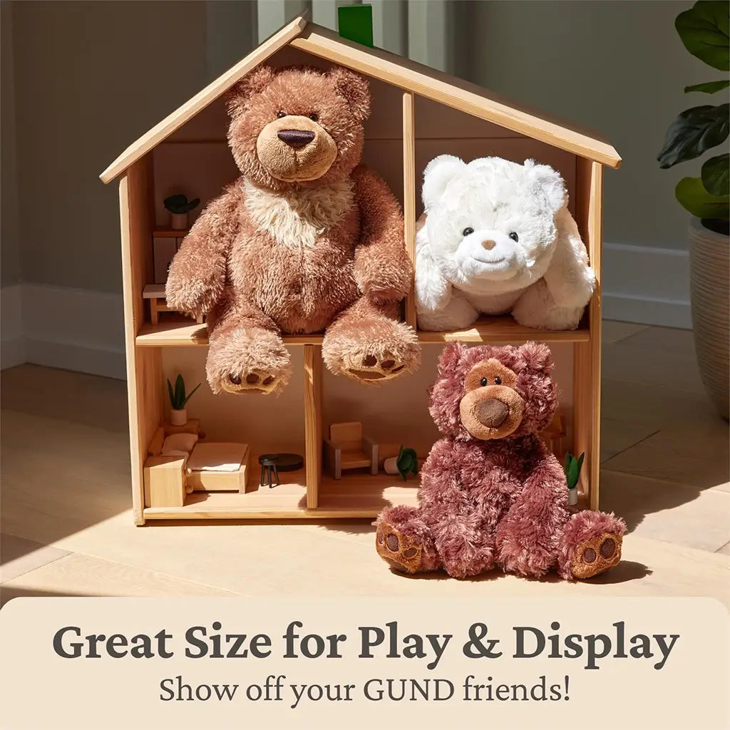 GUND Slumbers teddy bear plush set in rich brown and cream fabrics with soft fuzzy texture, rounded bear shapes sized for play and display, arranged inside a wooden dollhouse to showcase décor-friendly proportions.