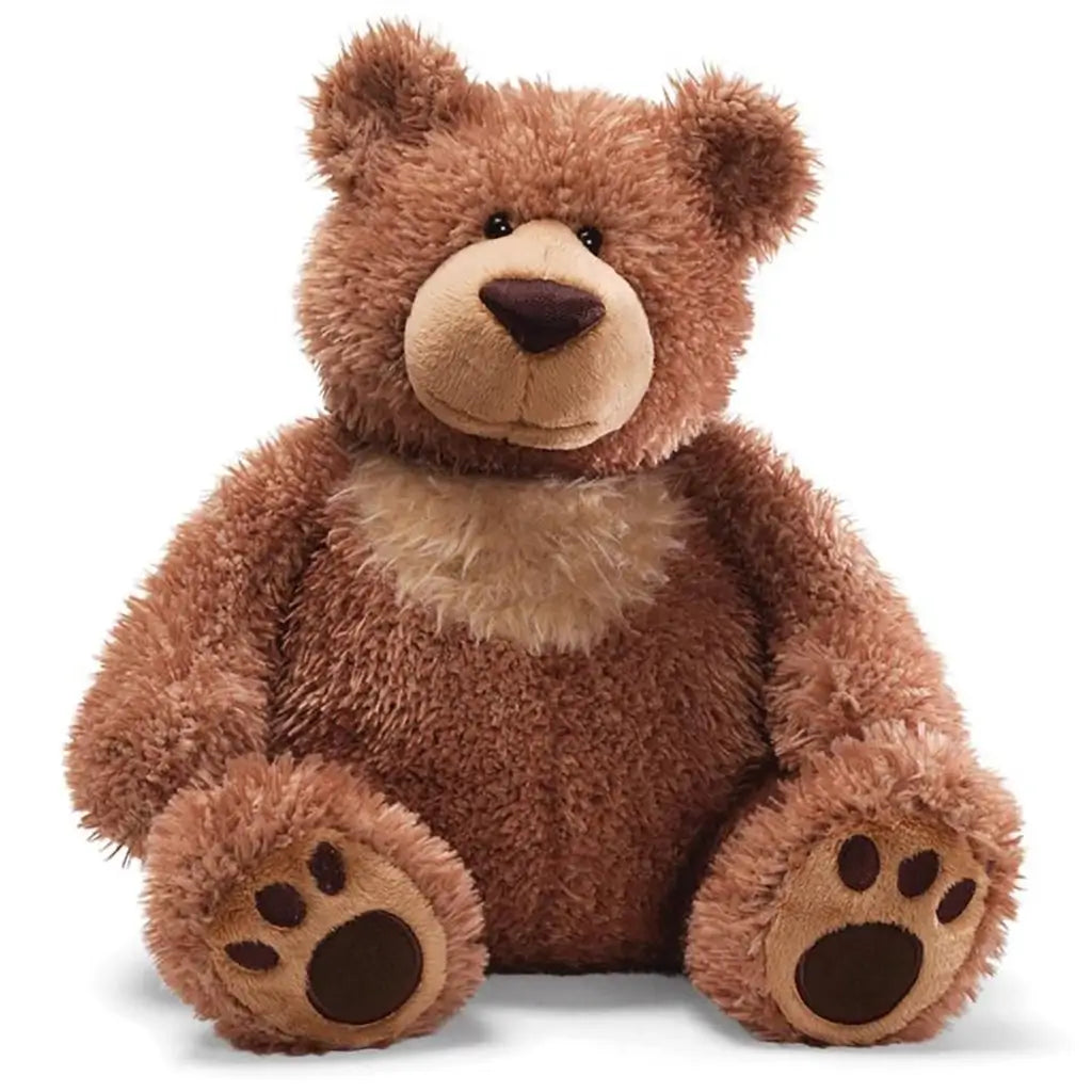 GUND Slumbers teddy bear plush in rich brown soft fabric with fluffy texture, classic seated bear shape, embroidered nose, cream chest patch, and detailed paw pads, photographed on a clean white studio background.
