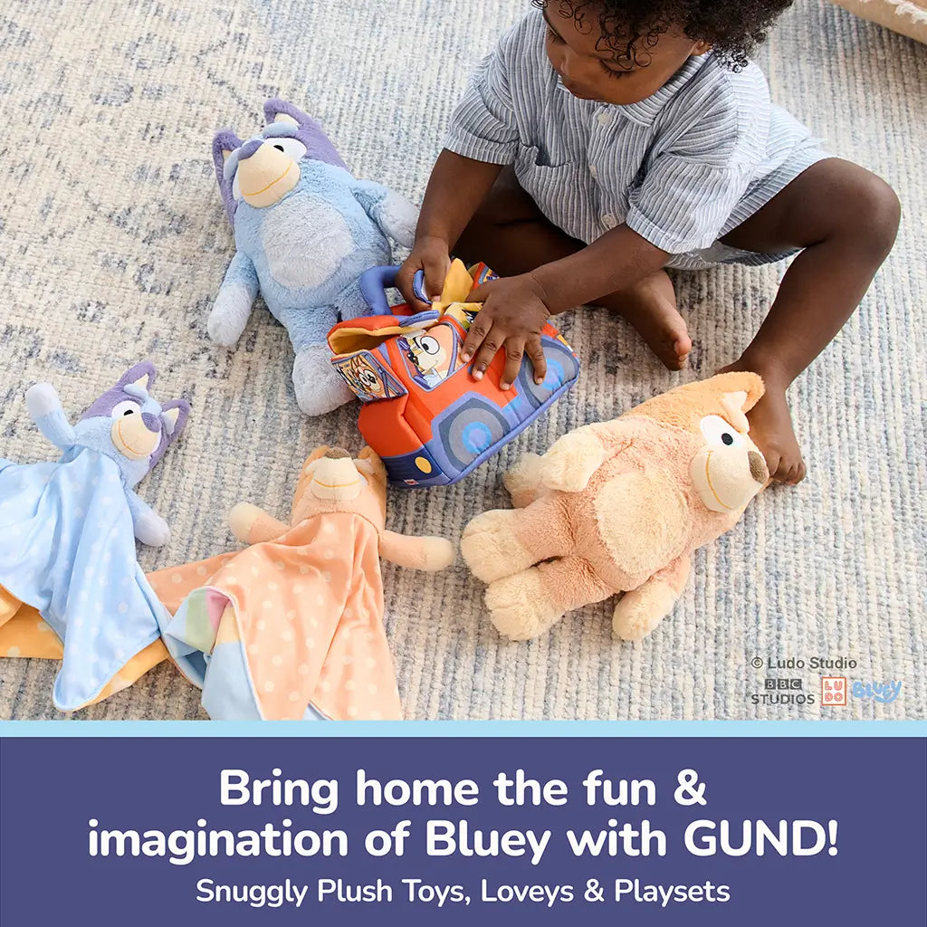 GUND Bluey plush lovey collection appears with multiple soft character blankets and toys, arranged on a nursery floor to inspire imaginative play, comforting routines, and collectible Bluey-themed cuddles.