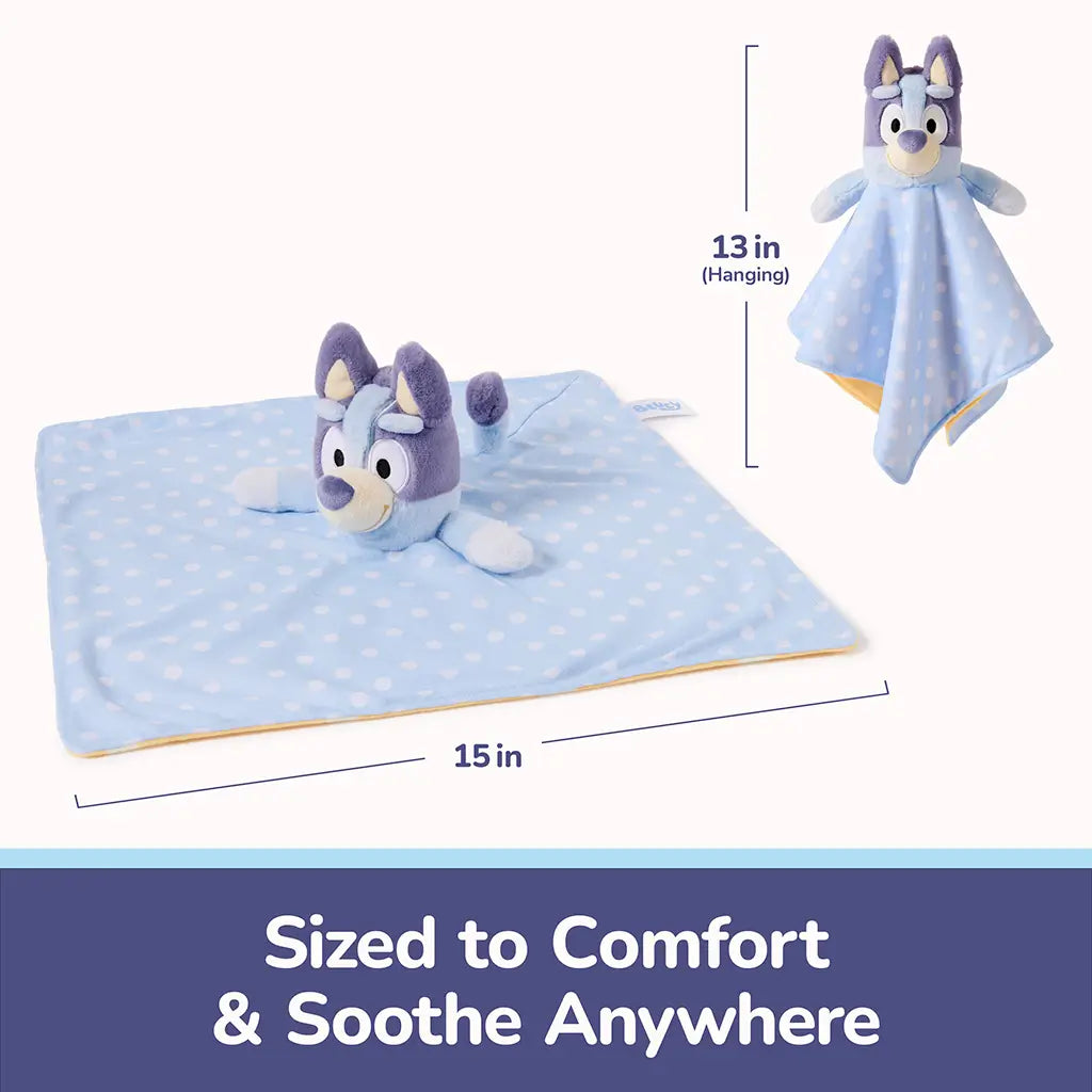 Bluey plush lovey blanket features soft pastel blue fabric with white polka dots, a plush Bluey character head, and lightweight square shape, shown with 13-inch hanging and 15-inch width for soothing comfort anywhere.