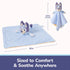 Bluey plush lovey blanket features soft pastel blue fabric with white polka dots, a plush Bluey character head, and lightweight square shape, shown with 13-inch hanging and 15-inch width for soothing comfort anywhere.