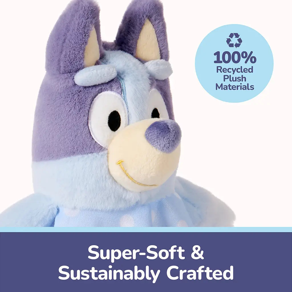 Bluey lovey plush highlights pastel blue and lavender ultra-soft fabric with embroidered facial details, crafted from 100% recycled plush materials to provide sustainable, gentle comfort for infants and young children.