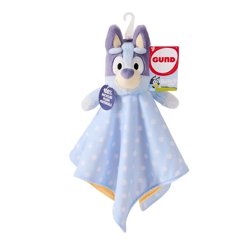 GUND Bluey lovey plush shows light blue recycled fabric with a soft dog character topper, rounded embroidered face, and draped blanket form, designed as a calming cuddle companion for babies and toddlers.