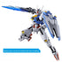 Gundam Aerial HG 1/144 model in white and blue plastic with translucent blue beam effect part attached to rifle, posed mid-air with shield raised on a white background.