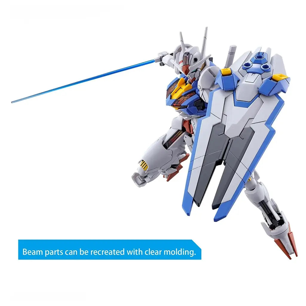 Gundam Aerial HG 1/144 scale model in white and blue plastic armor, lunging forward with clear blue beam saber and large shield, displayed on a plain white background.