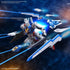 Gundam Aerial HG 1/144 model in white, blue, and gray plastic with yellow highlights, posed in space battle scene with separated shield bits flying against a starry galaxy background.