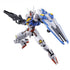 Gundam Aerial HG 1/144 model in white, blue, and gray plastic with yellow vents and red feet, posed dynamically aiming a black rifle with shield extended on a white backdrop.