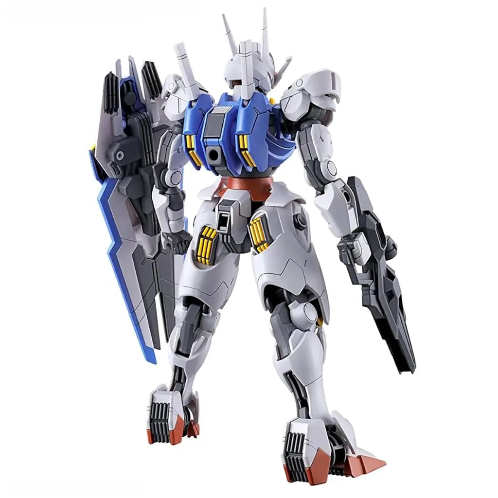 Gundam Aerial HG 1/144 model kit in white, blue, gray, and yellow plastic with angular armor and thruster vents, shown from rear holding rifle and shield against a clean white studio background.