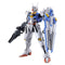 Gundam Aerial HG 1/144 scale model in white and blue plastic armor with yellow chest vents and red accents, standing upright with rifle and large shield on a seamless white backdrop.