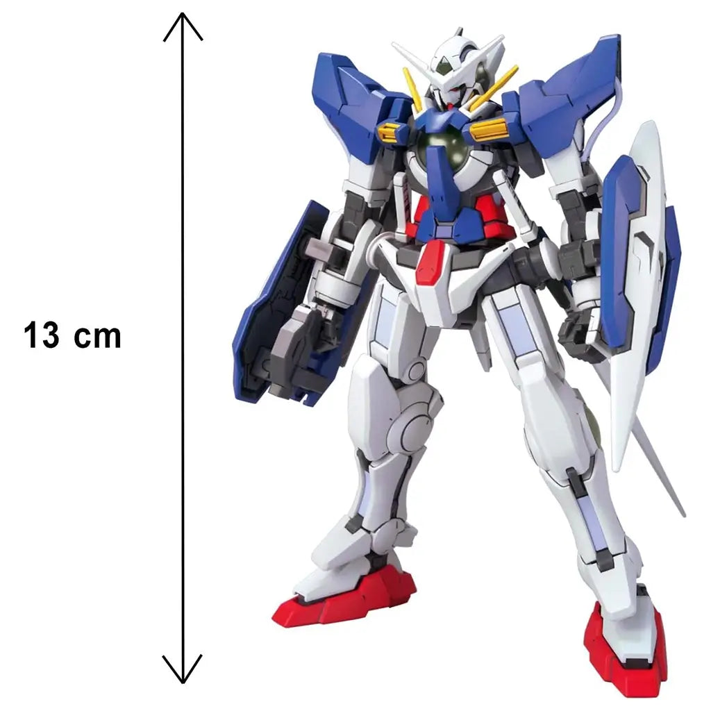 Gundam Exia GN-001 HG 1/144 model in blue, white, and red plastic with angular armor and shield, shown standing upright with a 13 cm height measurement indicator on a white background.