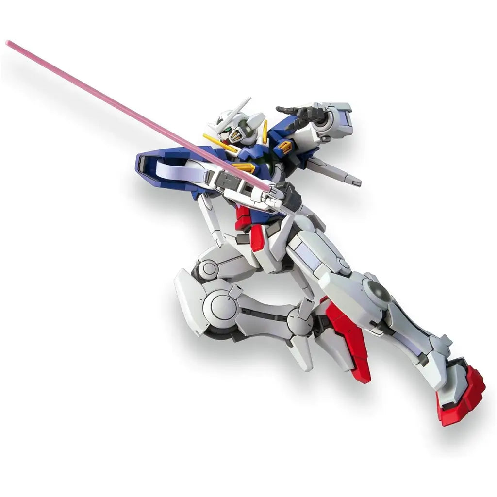 Gundam Exia GN-001 HG 1/144 model in blue and white plastic with red feet and yellow accents, posed in action stance wielding a pink beam saber and shield on a clean white backdrop.