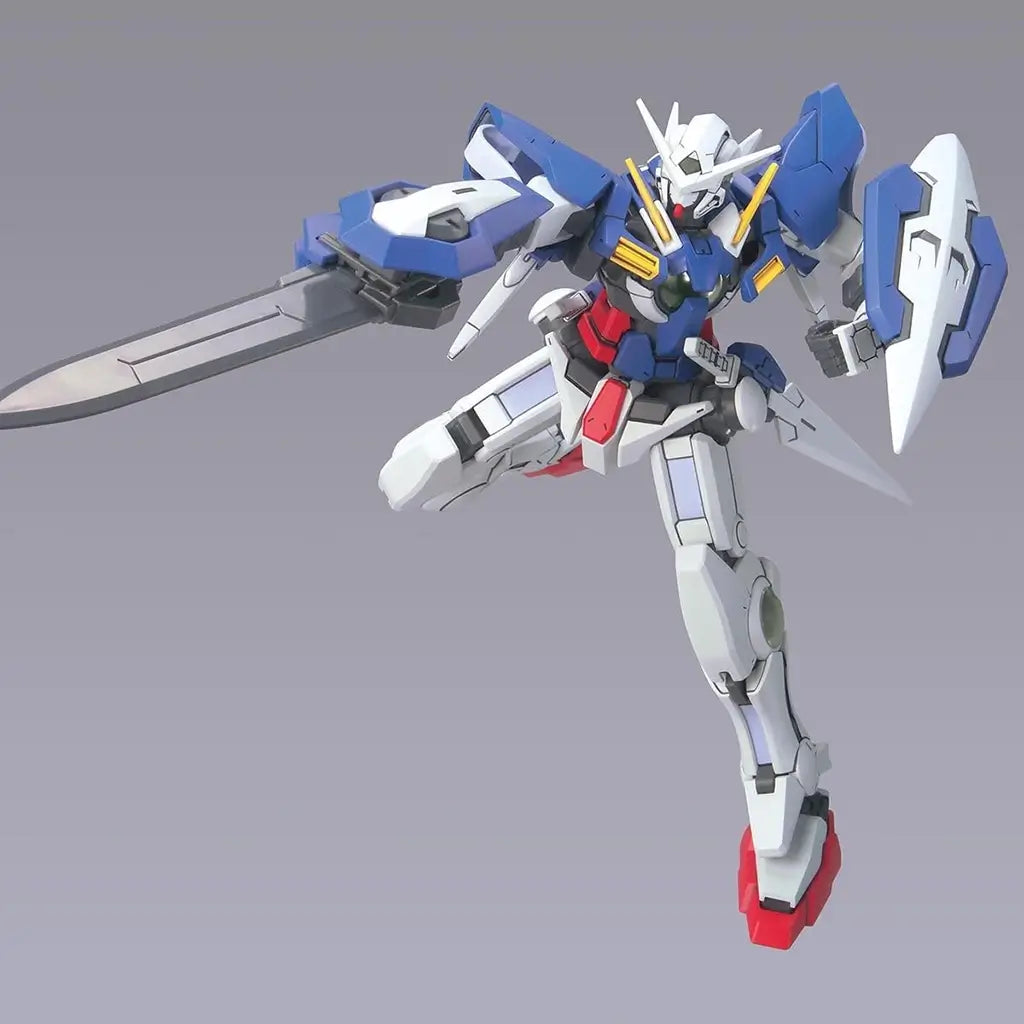 Gundam Exia GN-001 HG 1/144 scale model in blue and white plastic armor, lunging forward with long gray GN sword extended and shield on arm, set against a smooth gray background.