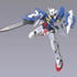 Gundam Exia GN-001 HG 1/144 scale model in blue and white plastic armor, lunging forward with long gray GN sword extended and shield on arm, set against a smooth gray background.