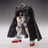 Gundam figure white plastic armored humanoid robot with black cape and skull motif chest, Crossbone Gundam X1 Ver Ka posed standing with draped fabric accessory on smooth gray gradient studio background