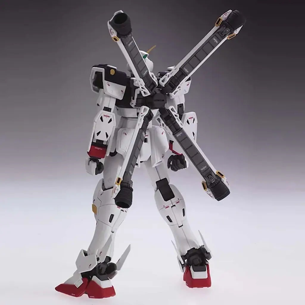 Gundam model kit rear view white plastic armored humanoid robot with navy and red accents, Crossbone Gundam X1 featuring large X-shaped backpack thrusters and mechanical details, posed on neutral gray studio background
