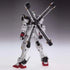 Gundam model kit rear view white plastic armored humanoid robot with navy and red accents, Crossbone Gundam X1 featuring large X-shaped backpack thrusters and mechanical details, posed on neutral gray studio background