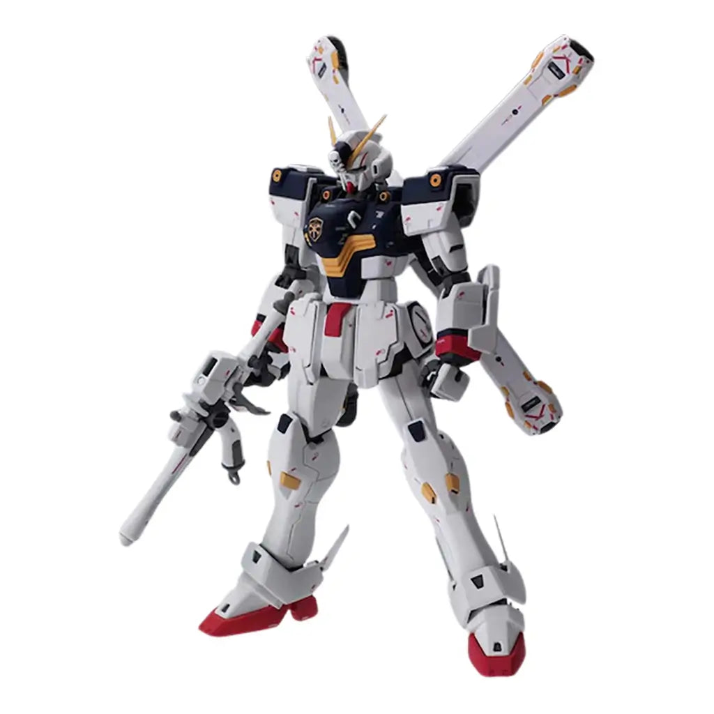 Gundam model kit white and navy plastic humanoid robot with angular armor and red feet, Crossbone Gundam X1 Ver Ka holding rifle with X-shaped backpack, displayed upright on clean white studio background