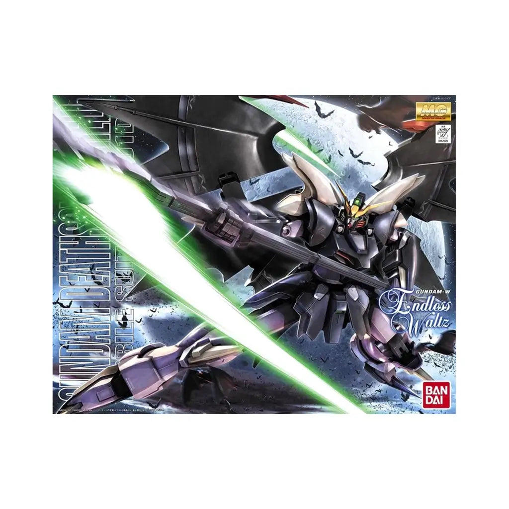 Bandai MG Gundam Deathscythe Hell box art in dark metallic tones shows the armored mecha with glowing green beam scythe, sharp winged silhouette in space battle scene, retail packaging with logos and branding.