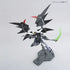 Bandai Gundam Deathscythe Hell model kit in black matte plastic with red and yellow accents, angular winged form wielding a green beam scythe, posed on a display base against a clean white studio background.