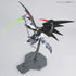 Bandai Gundam Deathscythe Hell figure in black and gray plastic with red wing tips, sharp batlike wings spread wide, holding a glowing green beam scythe, posed dynamically on a stand over a neutral white backdrop.