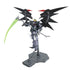 Bandai Gundam Deathscythe Hell model in black and gray plastic armor with red highlights, tall winged silhouette holding a long scythe weapon, balanced upright on a display base in a minimal white studio setting.