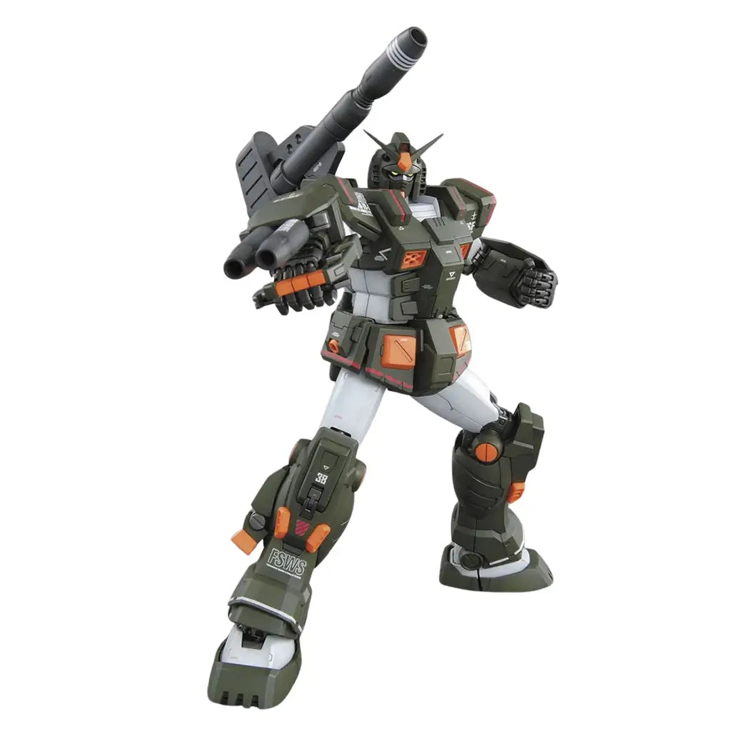 Gundam action figure green plastic armored robot with articulated joints and bulky frame, Full Armor Gundam posed aiming weapons, showing mobility on plain white background