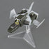 Gundam support aircraft green and white plastic model with sharp angular wings and cockpit, Full Armor Gundam accessory jet displayed on clear stand against neutral gray background