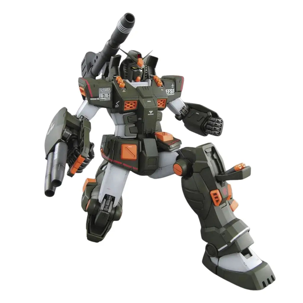 Gundam poseable figure green and gray plastic armored robot with thick limbs and cannon, Full Armor Gundam in dynamic mid-step stance on simple white studio background