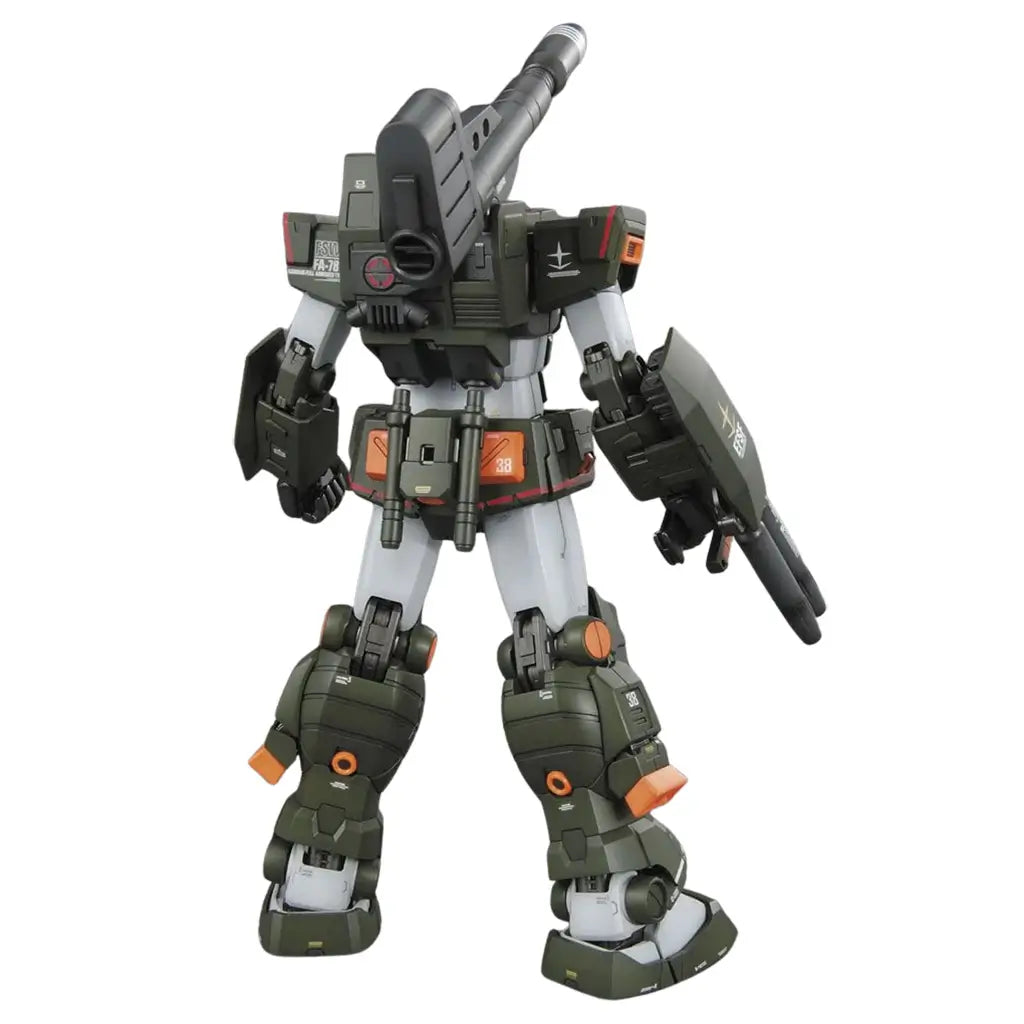 Gundam rear view green armored plastic robot with mechanical backpack and large cannon, Full Armor Gundam showing detailed back components on plain white background