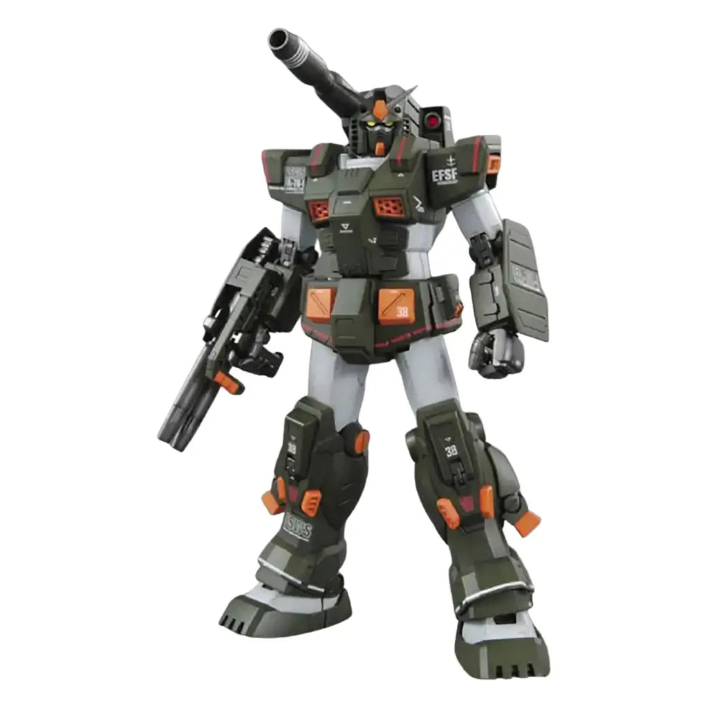 Gundam model kit green armored plastic humanoid robot with angular bulky frame, Full Armor Gundam figure featuring shoulder cannon and rifle, posed upright on clean white studio background