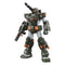 Gundam model kit green armored plastic humanoid robot with angular bulky frame, Full Armor Gundam figure featuring shoulder cannon and rifle, posed upright on clean white studio background