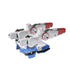 Bandai Victory Gundam model kit in white, blue, and red plastic with compact flight configuration, showing rear thrusters and mechanical joints, transforming mecha accessory displayed on a white background