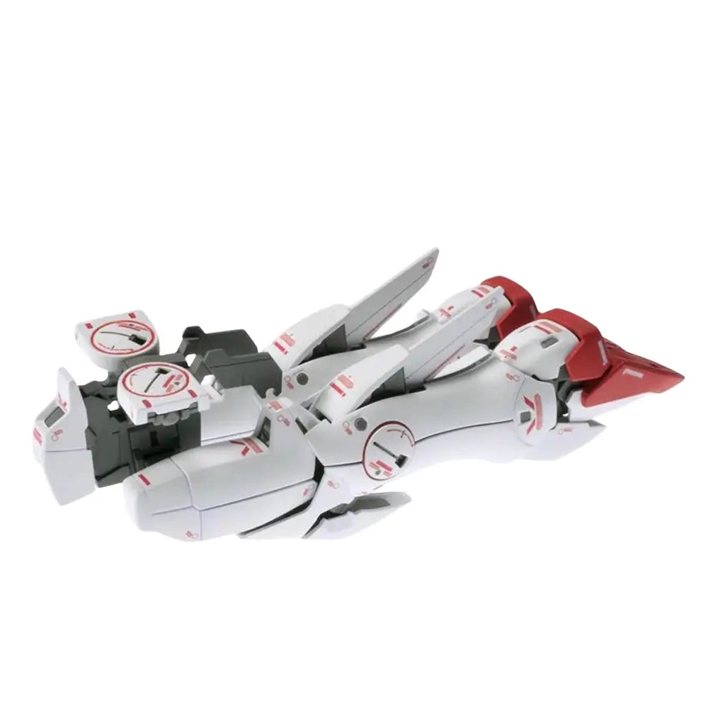 Bandai Victory Gundam model kit in white and red plastic with split vehicle configuration, showing mechanical hinge joints and modular sections, transforming mecha components displayed on a white background