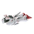 Bandai Victory Gundam model kit in white and red plastic with split vehicle configuration, showing mechanical hinge joints and modular sections, transforming mecha components displayed on a white background
