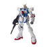 Bandai Victory Gundam model kit in white, blue, and red plastic with humanoid robot form, holding rifle weapon, detailed panel lines and joints, poseable mecha figure displayed on a white background