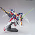 Bandai Wing Gundam Zero model kit in white, blue, and red plastic with humanoid form, featuring beam saber and rifle accessories, articulated mecha posed in action stance on a display base against neutral background