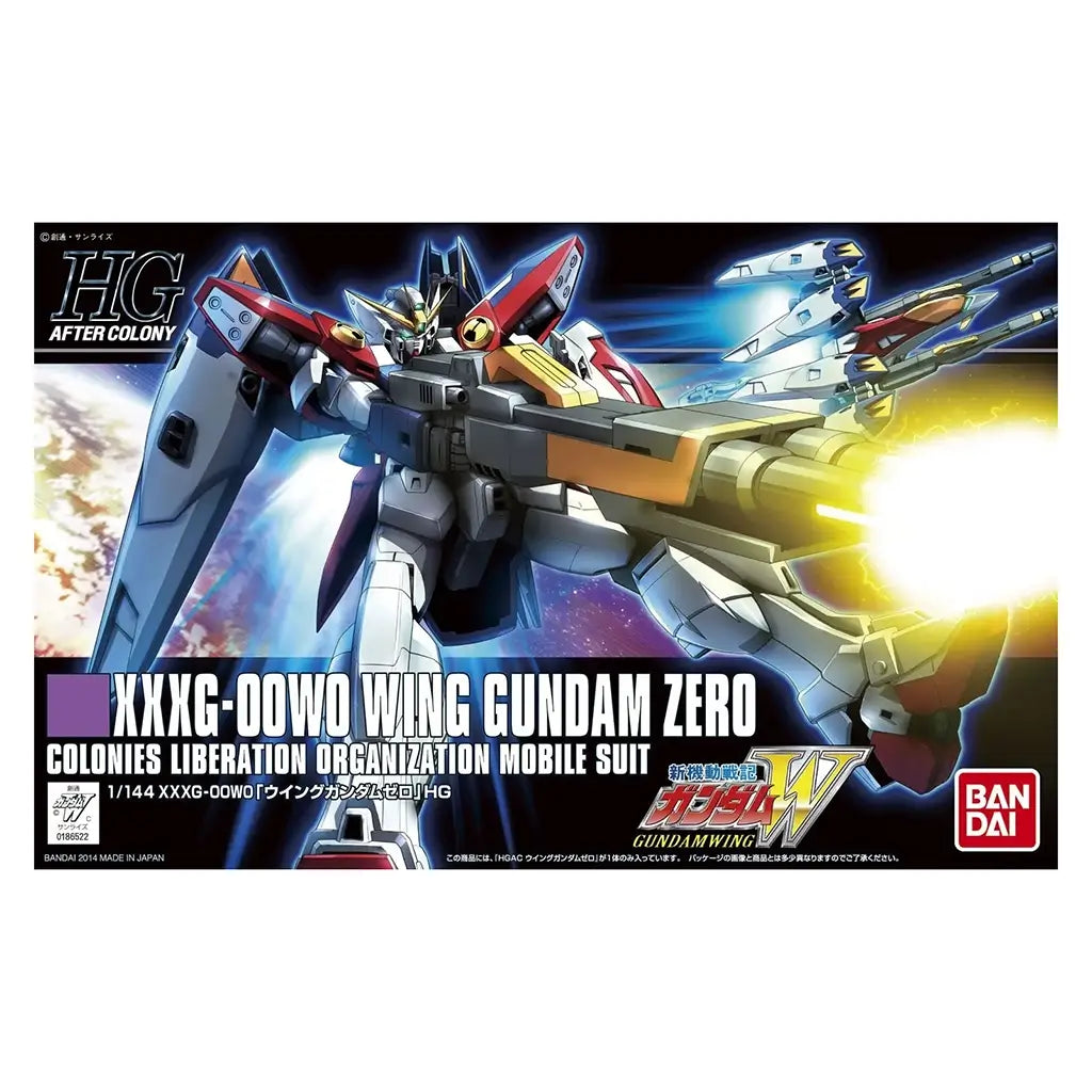 Bandai Wing Gundam Zero model kit box in multicolor printed cardboard with rectangular shape, featuring illustrated mecha artwork firing beam cannon, retail packaging displayed on a clean graphic background