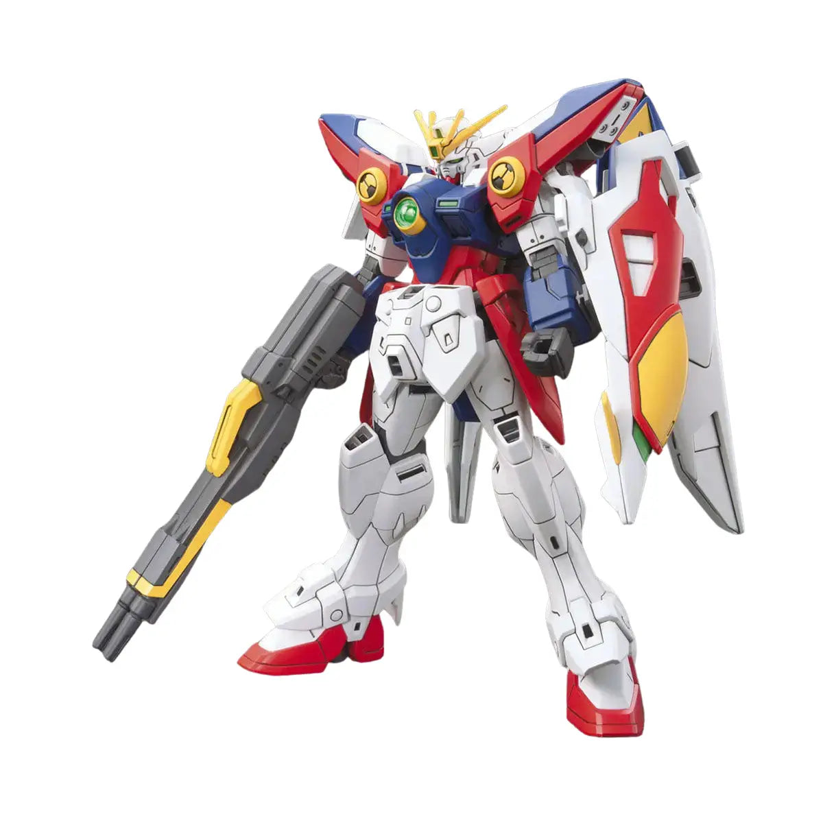 Bandai Wing Gundam Zero model kit in white, blue, red, and yellow plastic with humanoid robot form, featuring large wing shield and rifle weapon, articulated mecha figure standing on a clean neutral background
