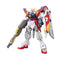 Bandai Wing Gundam Zero model kit in white, blue, red, and yellow plastic with humanoid robot form, featuring large wing shield and rifle weapon, articulated mecha figure standing on a clean neutral background